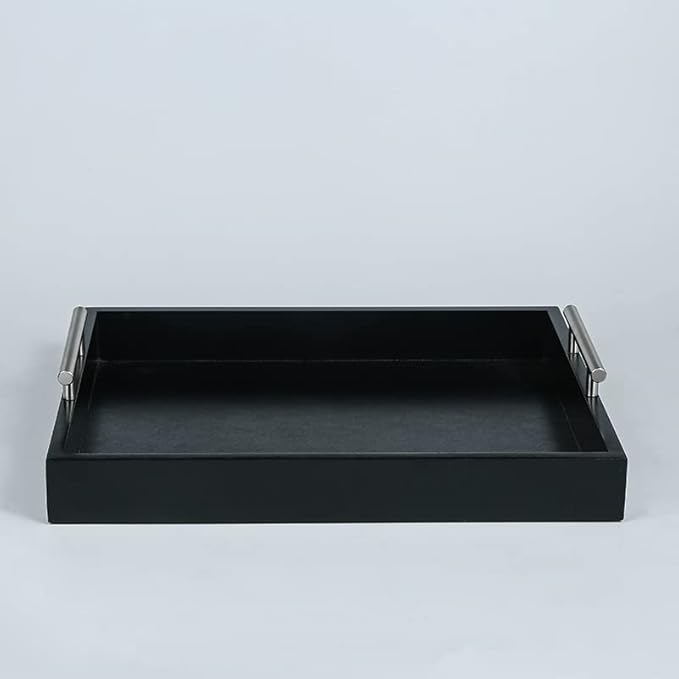 Serving Tray 16.5“X 13“Deluxe Wooden Ottoman Tray for Coffee Table with Polished Silver Metal Handles and 4 Coasters, Living Room Bathroom Coffee Bar Organizer Modern Decorative Black