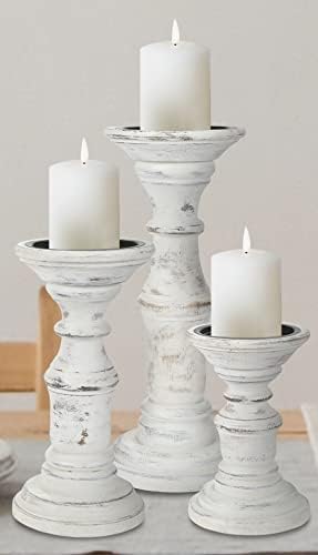 Candle Holder Stand Wooden, Pillar Candle Holders, Unity Candle Holders, Rounded Turned Colums, Country Style Ideal for Gift, Wedding, Christmas, Party, Spa - 10,8,6 Inch- Set of 3 - Antique White