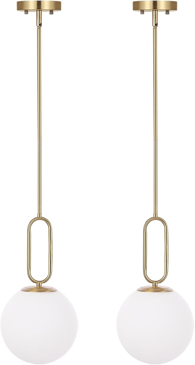 Modern Gold Globe Pendant Light White Globe Glass Shade 2 Pack Brushed Brass Finished Adjustable Rods Hanging Light Fixtures for Kitchen Island Living Room