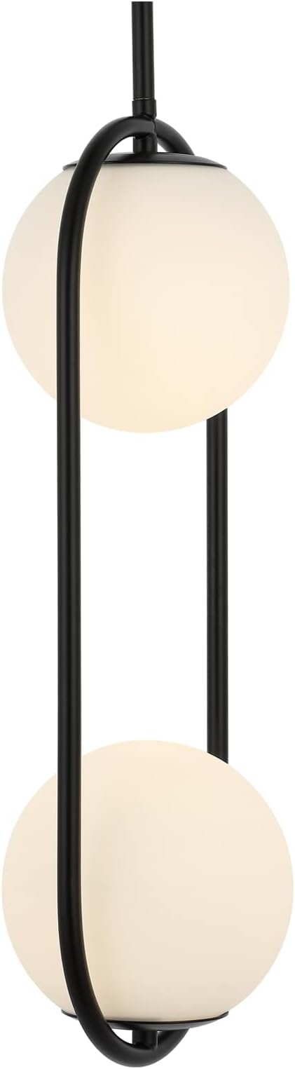 2-Lights Modern Globe Chandelier Mid Century Pendant Light Matte Black Ceiling Hanging Lighting Fixture with White Globe Glass Lampshade for Kitchen Island Dining Room Bedroom