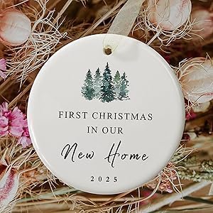 First Christmas in New Home Ornament 2025, First New Home Ornament New House Our First House Housewarming Christmas Ornaments Round Ceramic with Gift Box&Ribbon 2.9"