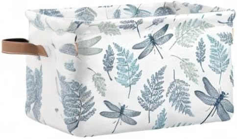 susiyo Large Foldable Storage Bin Fern Botanical Dragonfly Fabric Storage Baskets Collapsible Decorative Baskets Organizing Basket Bin with PU Handles for Shelves Home Closet Bedroom Living Room-2Pack