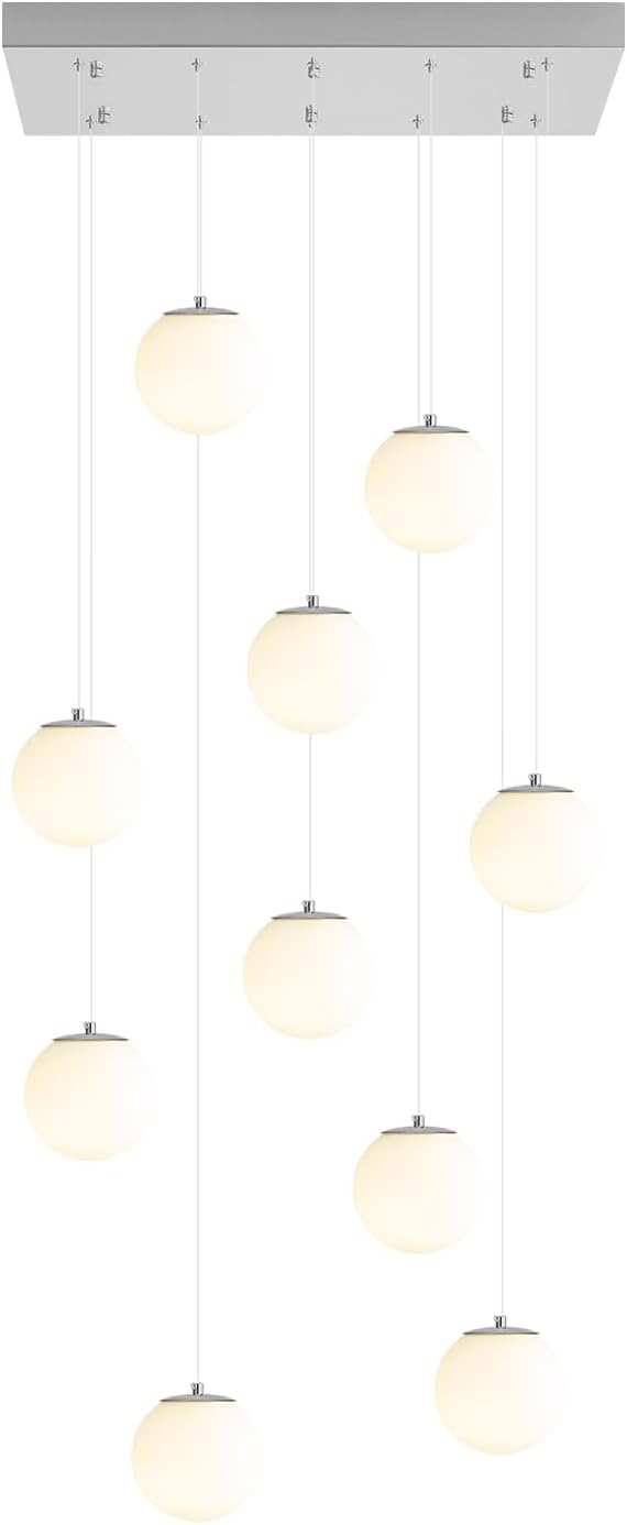 Chandeliers for Living Room Silver Pendant Light with White Globe Glass Dimmable Ceiling Light Rectangular Flush Mount Chandeliers Ceiling Light for Kitchen Island, Dining Room,Entry Hallway,