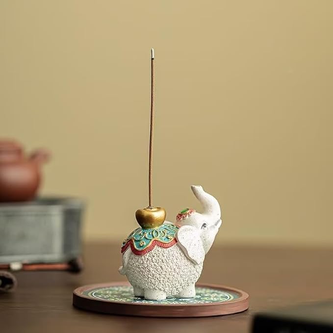1pcs Lucky Elephant Incense Holder, Handcrafted Ceramic Incense Burner for Good Luck & Wish Fulfillment, Chinese Zen Style Home Decor for Desk, Altar & Tea Table