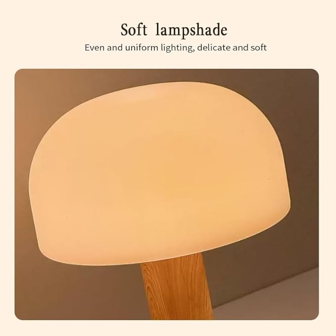 Mushroom Operated Table Lamp 3000mAh Cordless Rechargeable, Touch Dimmable Desk Lamp, LED Night Light for Patio Camping Restaurant Home, H7.3in, Wood Grain