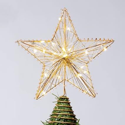 Joiedomi Christmas Tree Toppers 8" Gold Metal Star Decor with Battery Powered Treetop Ornaments with Warm White LED Lights for Xmas Holiday Party Indoor Decorations