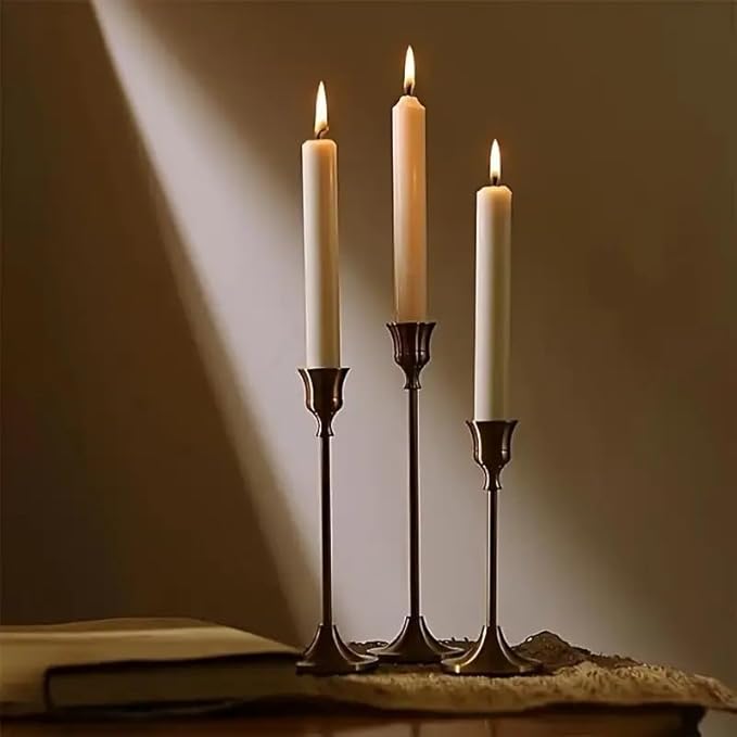 Rose Gold Taper Candle Holders Set of 3 – Metal Candlestick Holders for Table Centerpiece, Modern Vintage Décor for Wedding, Mantel, Dining Room, Home & Housewarming Gifts