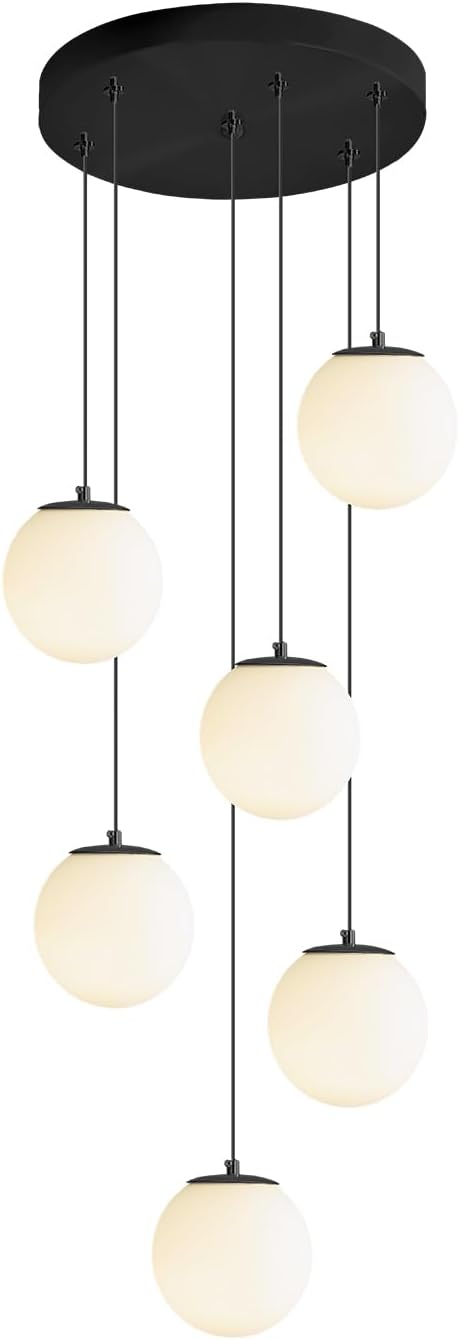 6-Light Black Chandelier with White Globe Glass Dimmable Ceiling Light Glass Pendant Light for Kitchen Island, Dining Room, Living Room, Entry Hallway, LED Bulbs Included