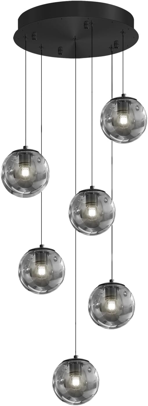6-Light Globe Glass Pendant Light Modern Smoke Gray Glass Globe Chandelier Large Chandeliers for High Ceilings Entryway Adjustable Hanging Light for Living Room Foyer Hallway