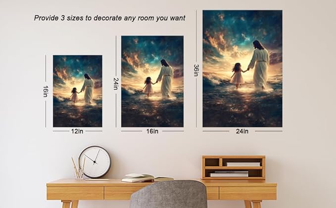 Eysintum Framed Jesus Wall Art Jesus with Girl Canvas Print Christian Faith Poster Inspirational Home Decor for Kids Room Nursery Living Room 24x36in Ready to Hang