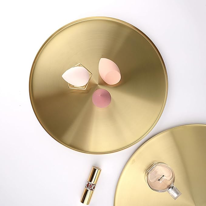 FREELOVE Gold Tray, Round Brass Serving Platter, Bar Circle Decorative Plate, Coffee Table Metal Decor Dishes, Brushed Hammered Coasters, Counter Bathroom Kitchen Dessert Cart Display Food, 12 inch
