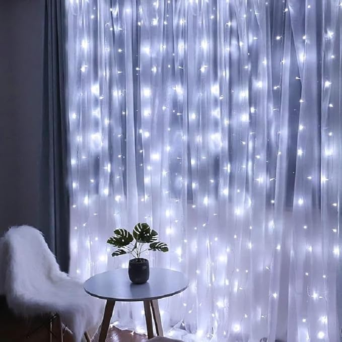 Cool White LED Curtain Lights, 300 LEDs 10 Strands with Remote Control, 8 Modes Timer USB Powered, Hanging String Lights for Bedroom Wedding Christmas Party Window Decor