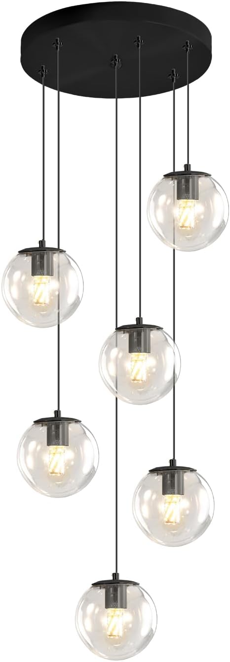 6-Light LED Staircase Modern Glass Globe Pendant Light Large Chandeliers for High Ceilings, Entryway Lighting Fixture Villas and Stairs