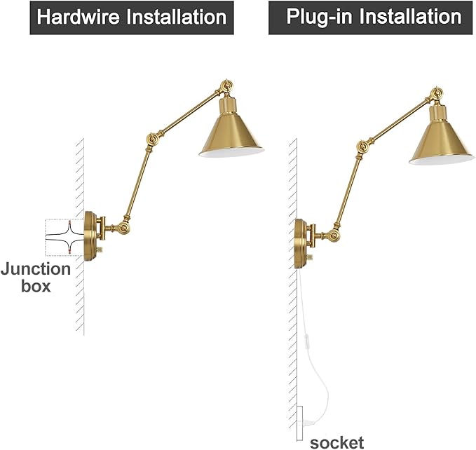 TRLIFE Wall Sconce Plug in, Brushed Brass Dimmable Wall Sconce Swing Arm Wall Lights Plug in Wall Mounted Light with 6FT Plug in Cord, E26 Base, UL Listed(1 Pack)