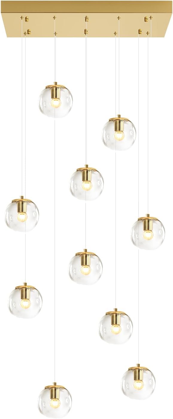 10-Lights Chandeliers for Dining Room Glass Globe Pendant Light Gold Chandeliers Rectangle Pendant Ceiling Light Fixture for Kitchen Island Dining Room Over Table Entryway Lighting Fixture