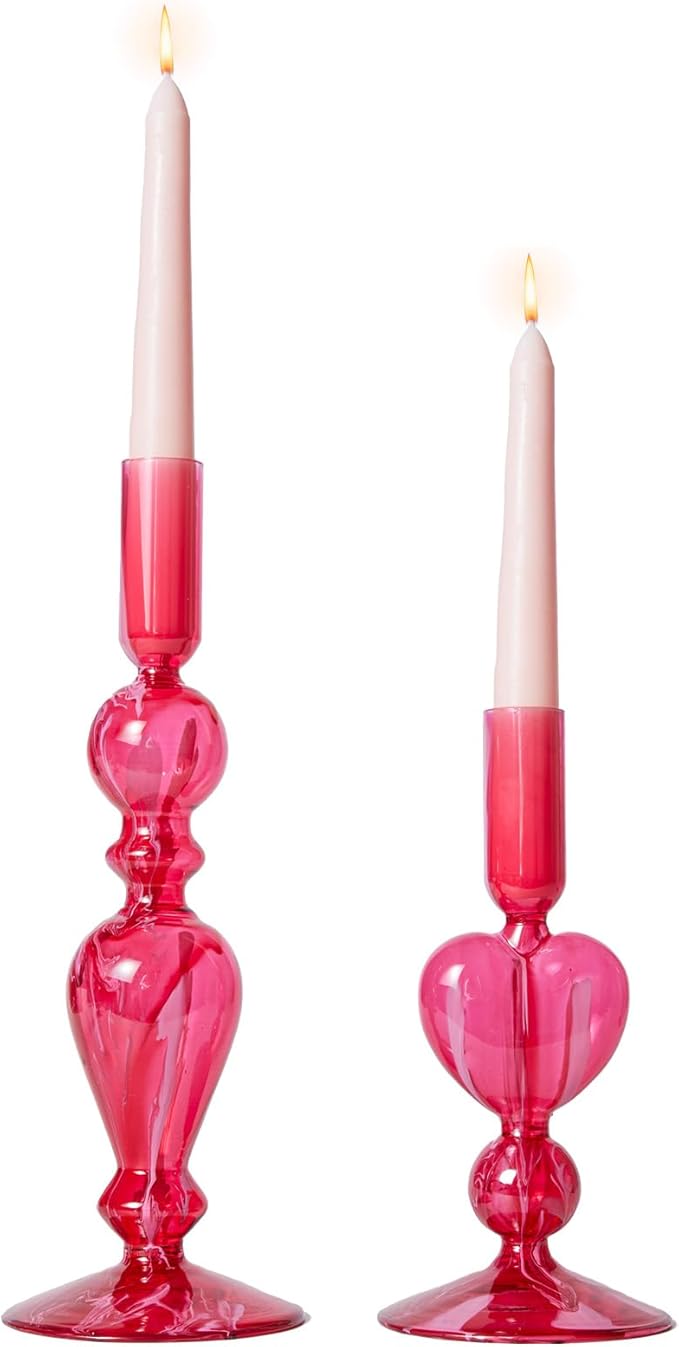 DN DECONATION Pink Glass Candle Holders Set of 2 – Heart Taper Candle Holders for Valentine's Day, Candlestick Holder Wedding Decorations, Farmhouse Home Coffee Table Decor & Housewarming Gifts