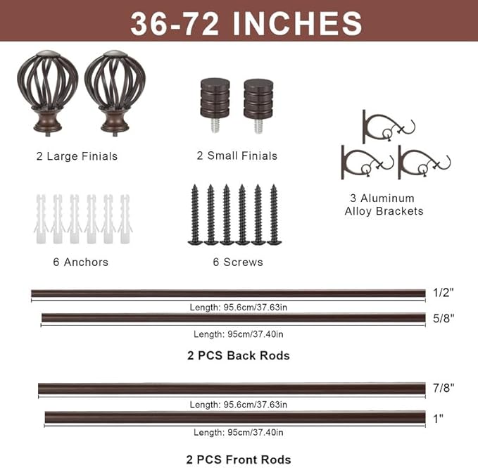 Brown Double Curtain Rods for Window 36-72" - Double Rods with Round Finials, Adjustable, 1-Inch Front & 5/8 Inch Back