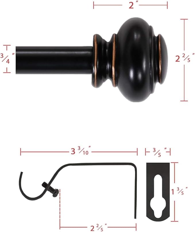 H.VERSAILTEX Curtain Rods for Windows 16.2 to 75 Inches 3/4 inch Diameter Adjustable Decorative Telescoping Curtain Rod with Brackets Heavy Duty Splicing Winodow Rods with Classic Finials, Black