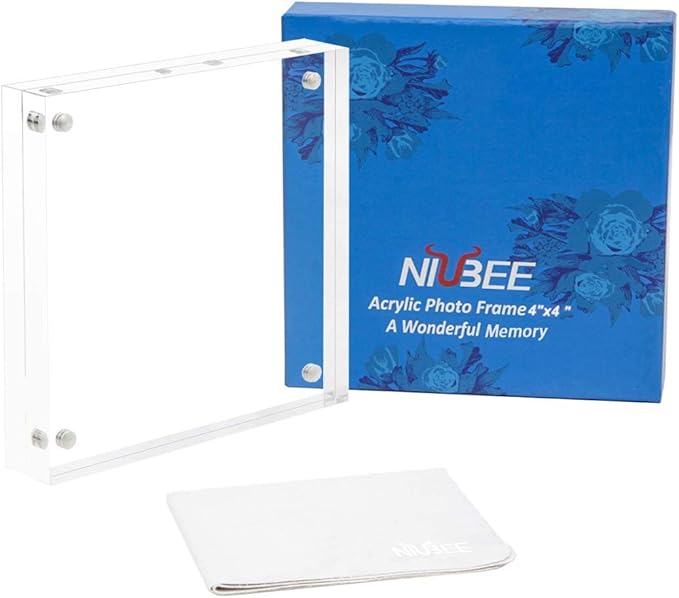 NIUBEE 4x4 Picture Frame, Acrylic Photo Frame 20% Thicker Block, Clear Frameless Acrylic Frames Double Sided,Magnetic frames for Desktop