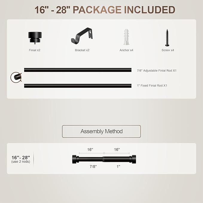 Modern Black Curtain Rods for Windows 16 to 28 Inches Adjustable Length Heavy Duty 1" Diameter Window Curtain Rod with Decorative Finials for Outdoor Farmhouse Bedroom Kitchen Living Room