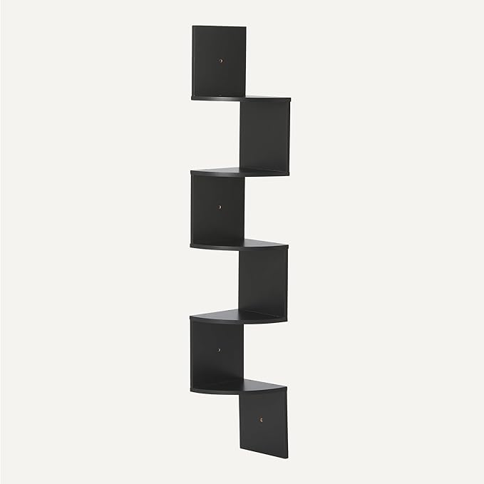 Amazon Basics 5-Tier Corner Shelf, Wall-Mounted, Set of 1, Floating Corner Bookshelf for Living Room, Bedroom, Bathroom, Home Office, 7.8"D x 48.5"W x 7.8"H (Inches), Black
