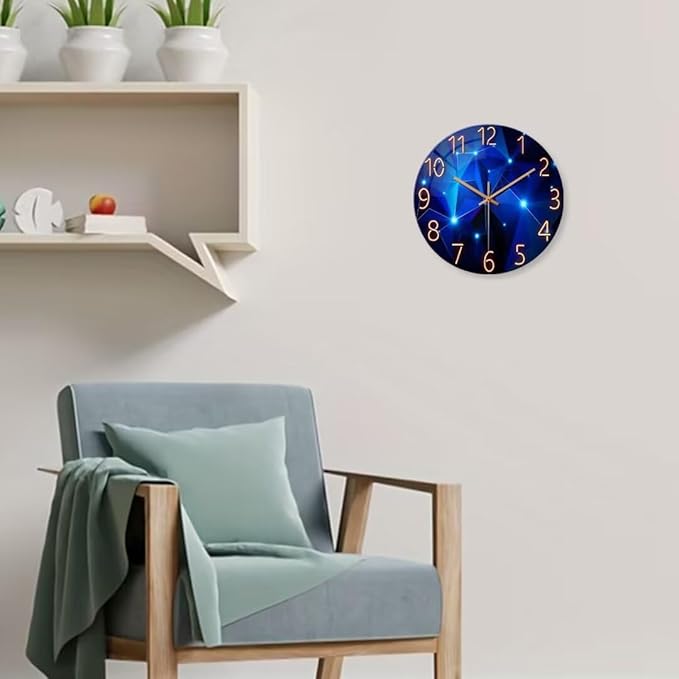 Blue Wall Clock Battery Operated 14 Inch Modern Wall Clock Non Ticking Glass Clock for Living Room