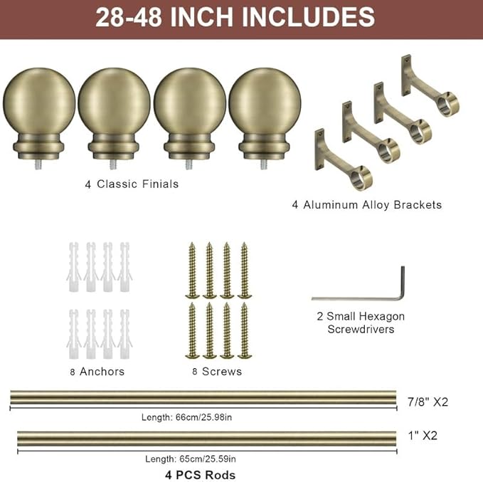Antique Bronze Curtain Rods for Window 28-48 Inch, Curtain Rods 2 Pack, Decorative Curtain Rod with Ball Finials, 1 Inch Diameter Heavy Duty Curtain Rod, Adjustable Single Drapery Rod Antique Bronze