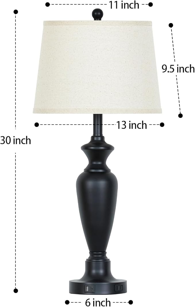 30" Tall Black Table Lamp, 3-Way Dimmable Touch Control Bedside Lamp with USB A+C & AC Outlet for Bedroom, Living Room (1 Pack)