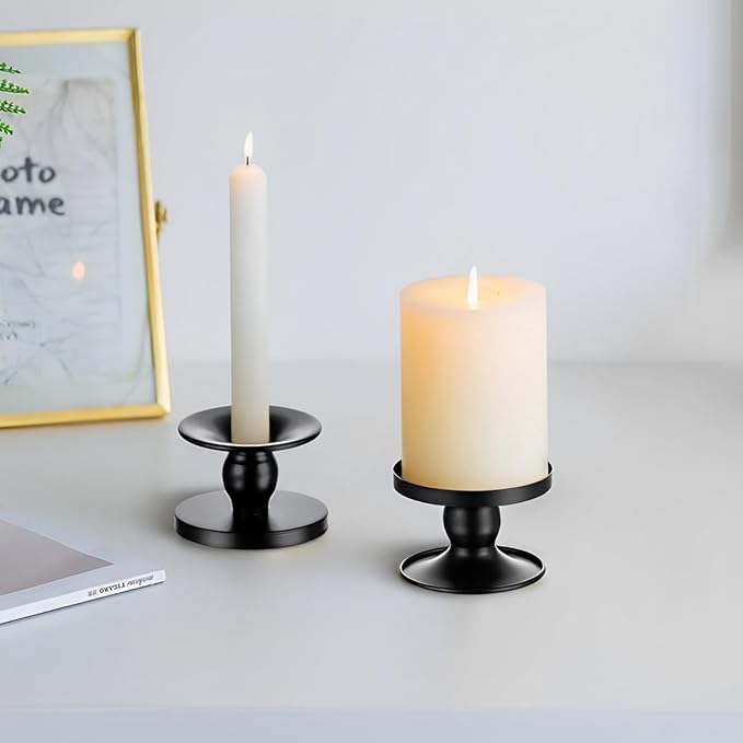 Table Gold Candle Holders – Set of 2 | Reversible Metal Candle Stand for Pillar & Taper Candles | Stylish Tabletop Candle Tray for Home Décor, Weddings & Special Occasions (Black)