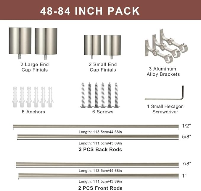 Brushed Nickel Double Curtain Rods, 48-84" Decorative Window Rod with Cap Finials, Adjustable 1 Inch Front and 5/8 Inch Back