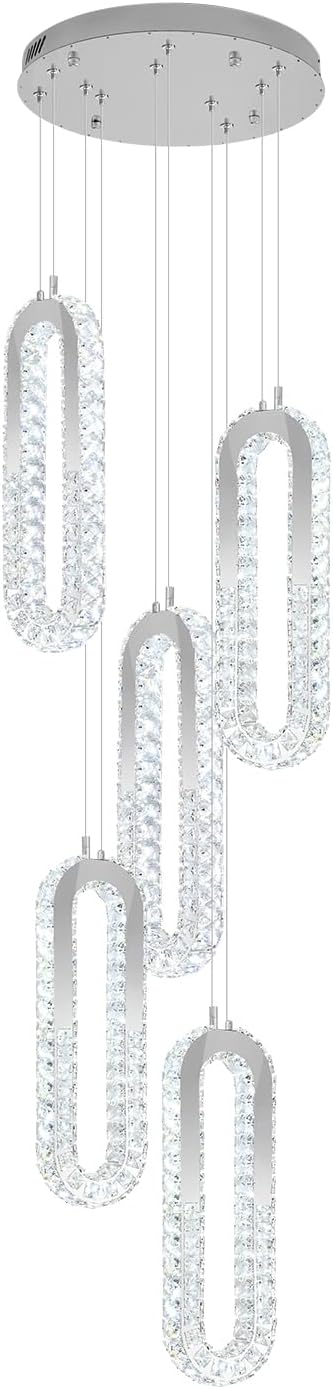5 Rings Crystal Chandeliers for Staircase Large Pendants Light Fixture Silver High Ceiling Chandelier for Entryway Bedroom Foyer 2700K-6000K