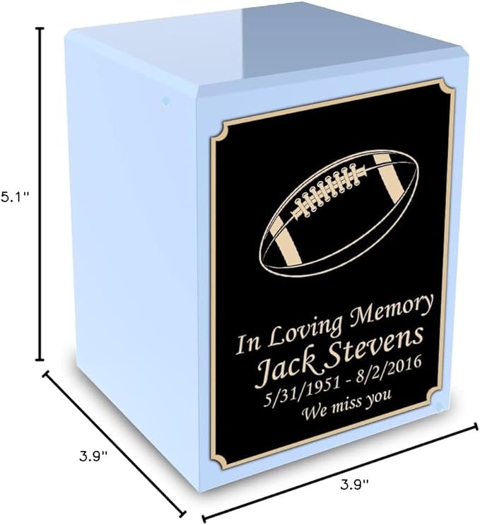 GetUrns Custom Football Small Urn Box for Human Ashes I Personalized Wooden Keepsake Cremation Urn for Male or Female I Light Blue Memorial Box I 40lbs