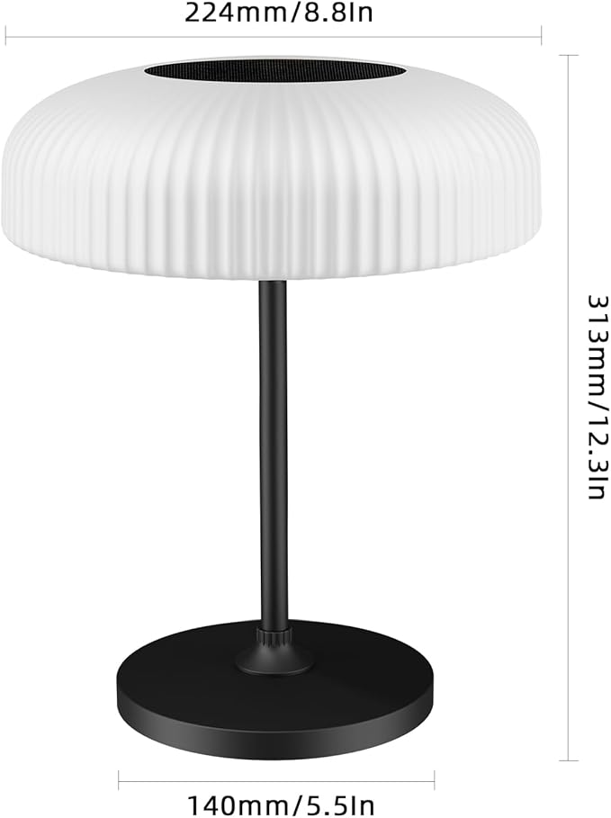 LED Solar Table Lamp, IP65 Waterproof, Touch Control, 3 Modes, USB-C Charging, White Dome Shade with Black Base, Indoor Outdoor Use (White)