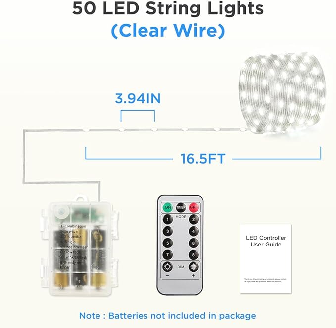 16.5ft Battery Operated String Lights (4 Pack), 50 LED Fairy String Lights Battery Powered with Remote & Timer for Indoor Outdoor Christmas Trees Wreath Decoration Bedroom Patio - Cool White