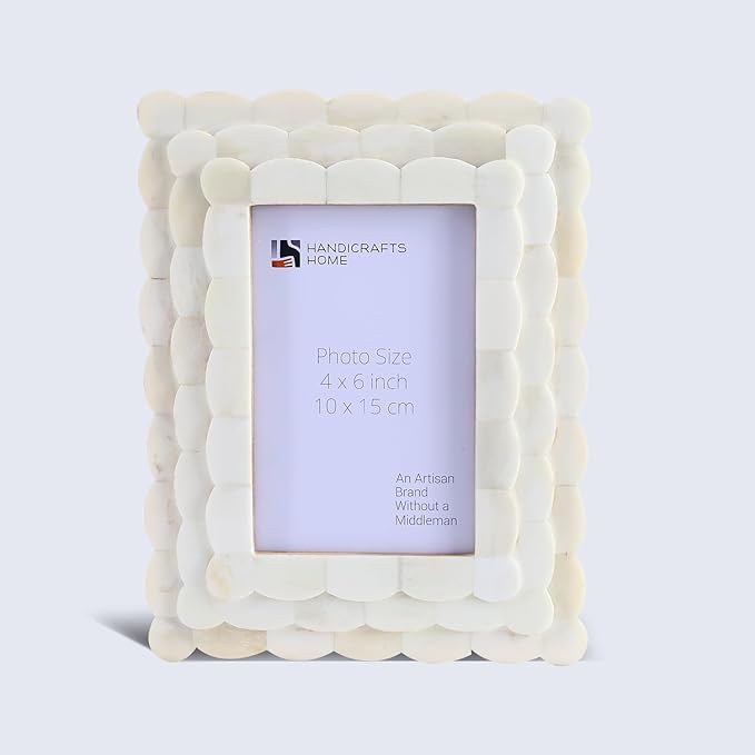 Handicrafts Home Scalloped Art Inspired Bone Inlay Handmade 4x6 Picture Frame - Small Photo Frame for Wall Hanging, Desk Decor & Living Room Wall Decor - Farmhouse & Home Decor Gift Frame, White