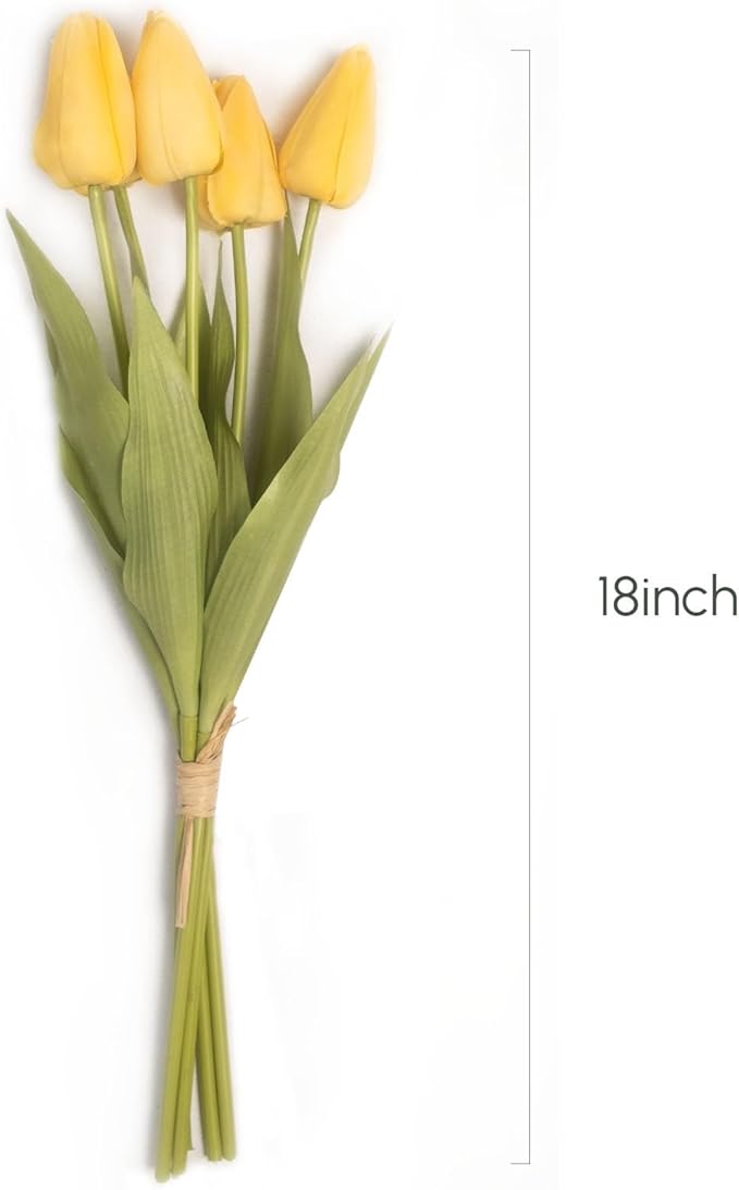18in Artificial Tulip Flowers, 5 Pcs Realistic Soft Latex Faux Tulips with Bendable Stems for Home Office Kitchen Decor, Wedding, Party, Vase Arrangement- Yellow