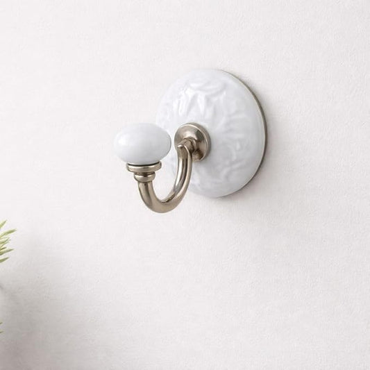 Decorative Ceramic Wall Hook, White Metal Mounting Hardware for Hanging Coat and Towels Set of 2