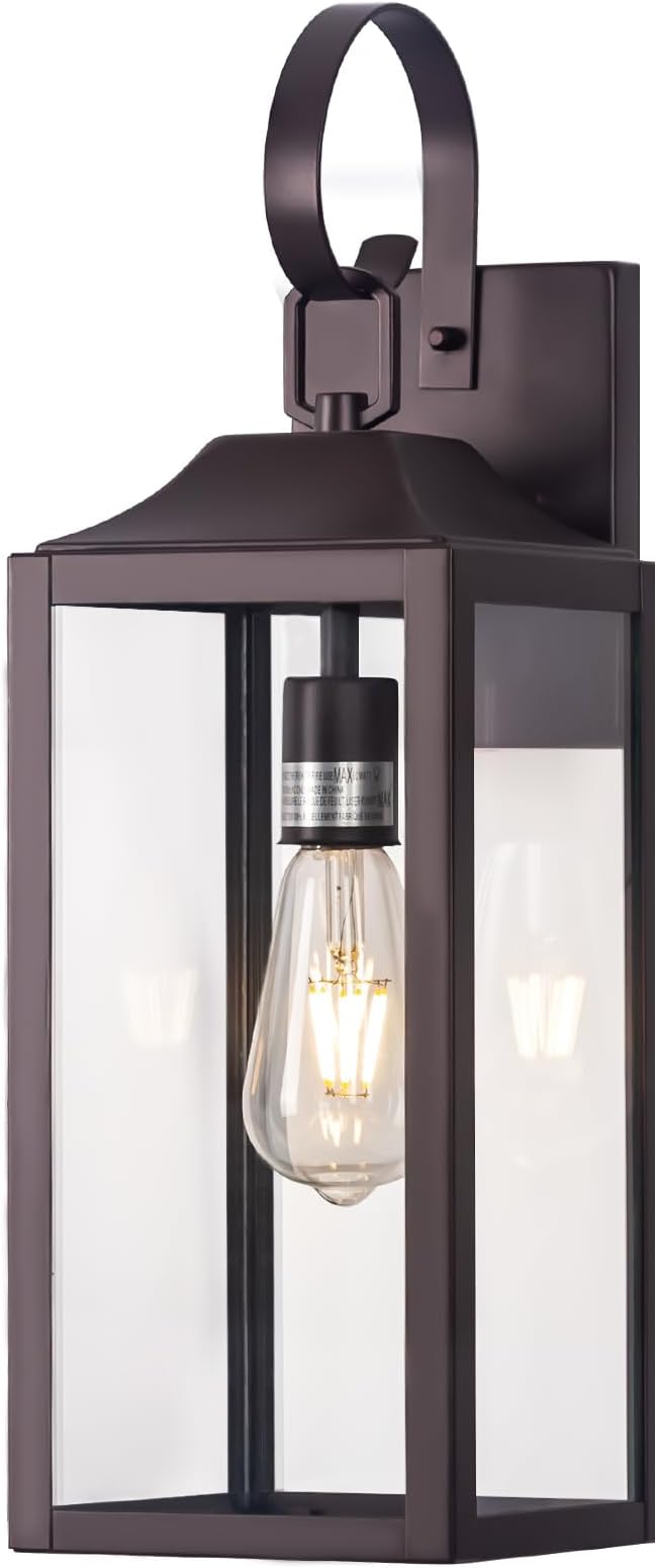 Large Bronze Outdoor Wall Lantern 19", Outside Farmhouse Wall Sconce Light Fixture Oil-Rubbed Bronze, Industrial Wall Mount Light Waterproof, Modern Porch Lighting Exterior Lamp for House