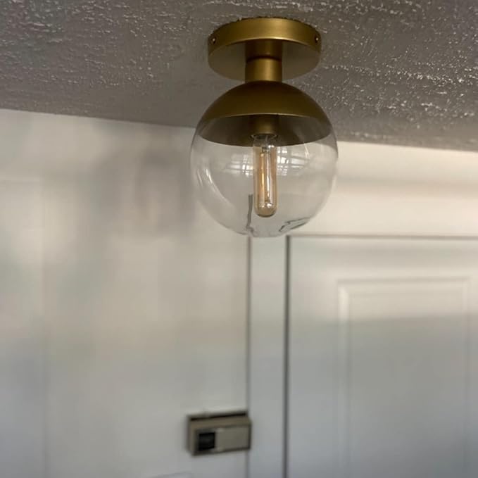 Modern Clear Glass Ceiling Light Fixture with 1-Light, Industrial Sphere Glass Chandelier Fitting, E26 LED Semi-Flush Mount Pendant Lights for Kitchen, Bedroom, Bar, Counter, Cafe (Brass)