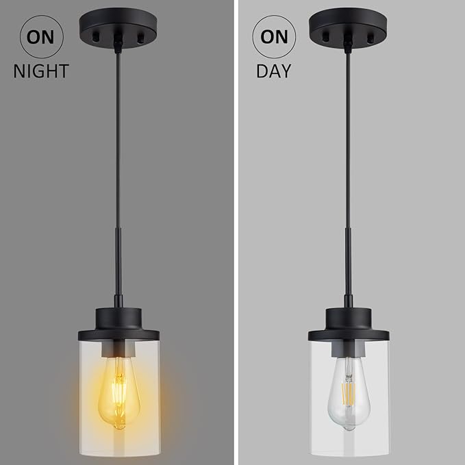 Modern Black Farmhouse Clear Glass Cylinder Pendant Light Fixture, Single Hanging Pendant Lighting for Kitchen Island, Dining Room, Bedroom & Hallway(3 Packs)