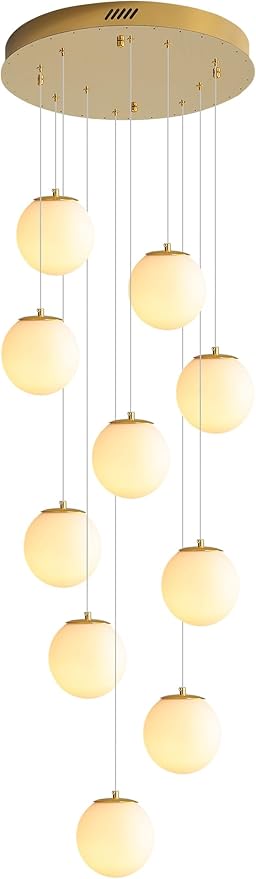 10-Light Gold Chandelier with White Globe Glass Dimmable Ceiling Light Glass Pendant Light for Kitchen Island, Dining Room, Living Room, Entry Hallway, LED Bulbs Included