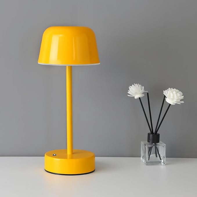 Rechargeable Table Lamp, Yellow Mushroom Table Lamp with USB Port, Battery Operated Touch Small Lamp for Nightstand, Bedside, Bedroom, Living Room, Dining Room