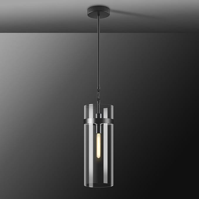 Modern Large Glass Kitchen Island Pendant Light,Black 6'' Clear Adjustable Island Pendant Lights,1 Light Indoor Pendant Light, for Kitchen Dining Bathroom Bedroom,Included 2 Bulb
