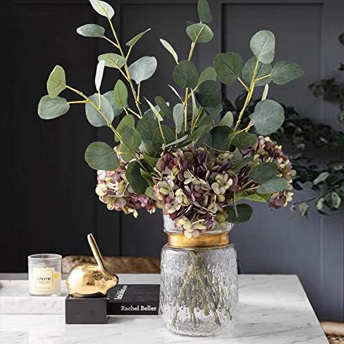 Kimura's Cabin 6pcs Fake Hydrangea Flowers Vintage Artificial Silk Hydrangea Bouquets with Stems Faux Hydrangeas for Wedding Party Home Table Core Decoration (Green Purple, Pack of 6)