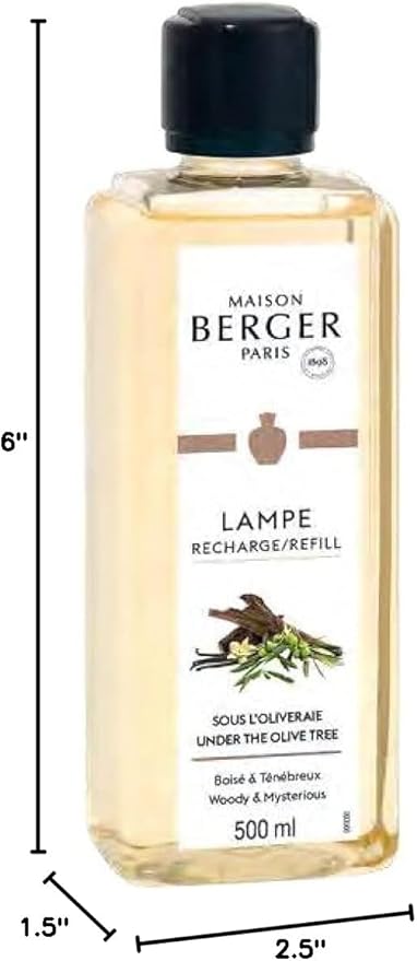 MAISON BERGER Under The Olive Tree Lampe Berger Refill, 500 ml (16.9 fl oz), Odor-Neutralizing Home Fragrance Oil Lamps, Jasmine, Oudh Wood, Myrrh, Leather, Cedarwood, Made in France