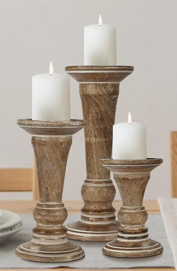Hand Crafted Decorative Wooden Pillar Candle Holder Stand Siren Shape, Rounded Turned Colums, Country Style Ideal for Gift, Wedding, Christmas, Party, Home, Spa - 10,8,6 Inch Set of 3 - White Wash