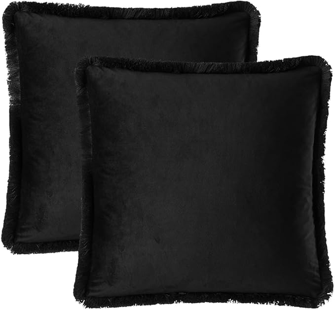 JUSPURBET Black Velvet Throw Pillow Covers 24x24 Inch Set of 2 with Soft Tassel Fringe Luxury Boho Pillowcase for Sofa Couch Bed Home Decor Machine Washable