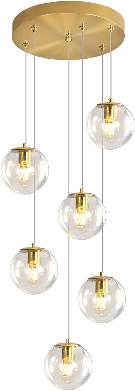 6-Light LED Staircase Modern Glass Globe Pendant Light Gold Chandeliers Large Chandeliers for High Ceilings, Entryway Lighting Fixture Villas and Stairs