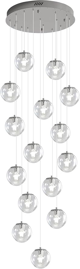 H138 LED Staircase Chandelier 15-Lights Glass Globe Pendant Light Large Chandeliers for High Ceilings, Entryway Modern Lighting Fixture Villas and Stairs