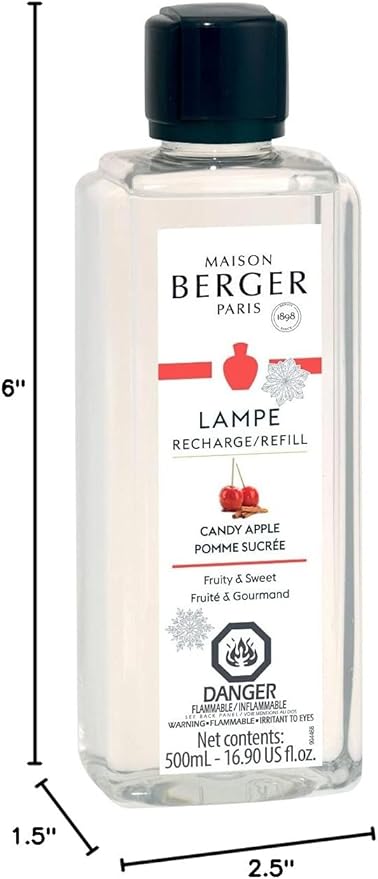 MAISON BERGER Candy Apple Lampe Berger Refill, 500 ml (16.9 fl oz), Odor-Neutralizing Home Fragrance Oil Lamps, Red Apple, Pear in Syrup, Candied Fruit, Cinnamon, Made in France